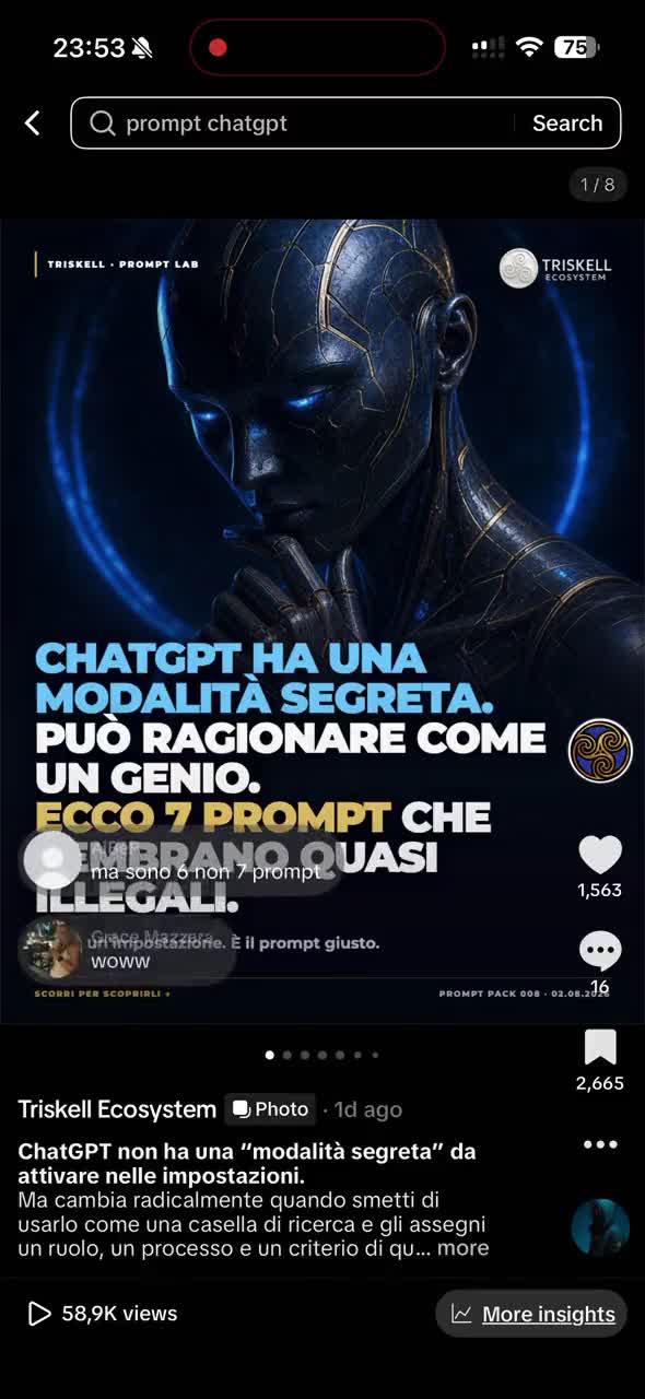 Screen recording TikTok: il carosello Triskell Prompt Lab con 80K visualizzazioni e 1.000 nuovi follower in 4 giorni